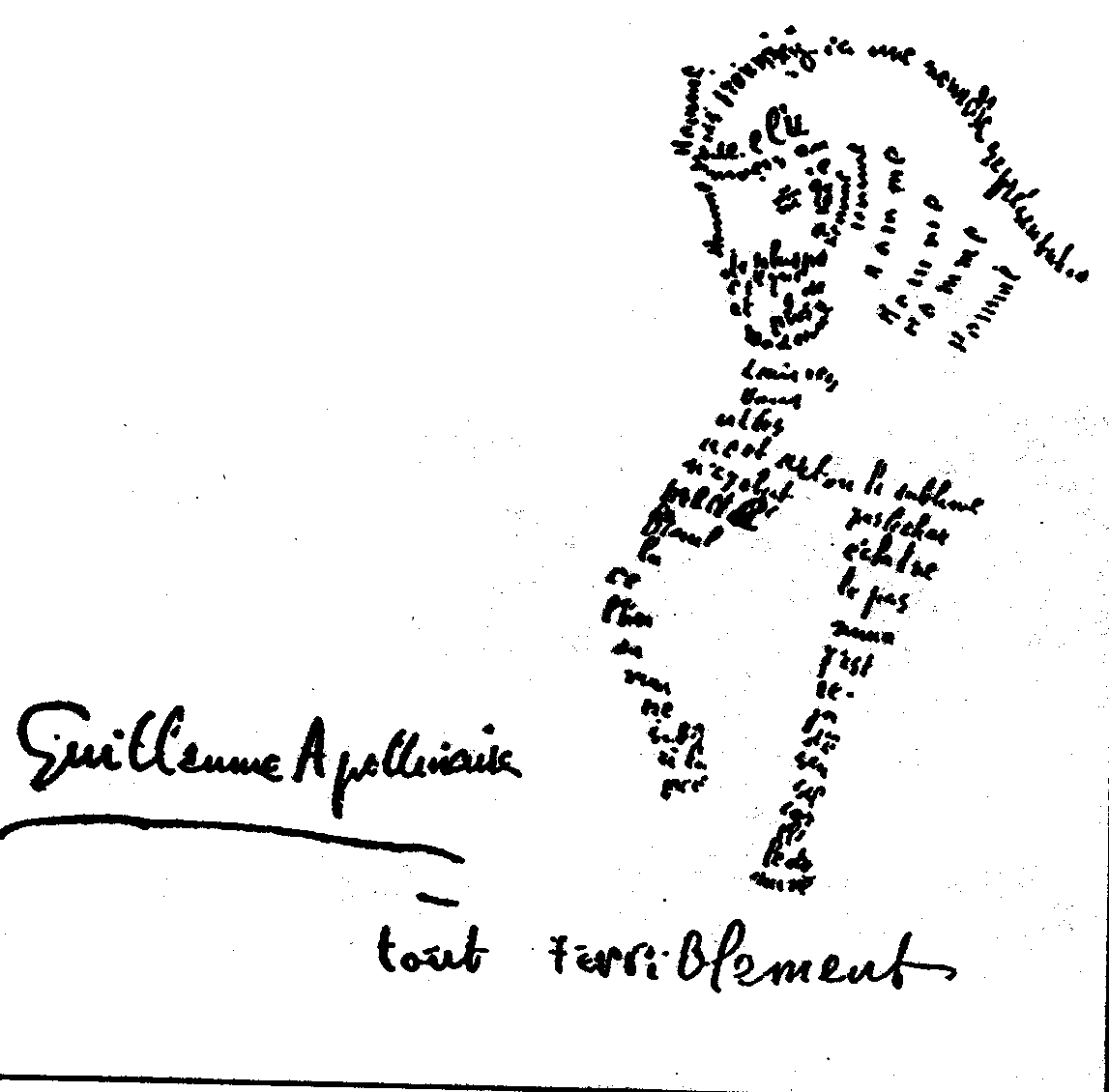 Calligramme de Guillaume APOLLINAIRE. Le poème est une métaphore de l‘art poétique, et sa forme représente un cheval fougueux!